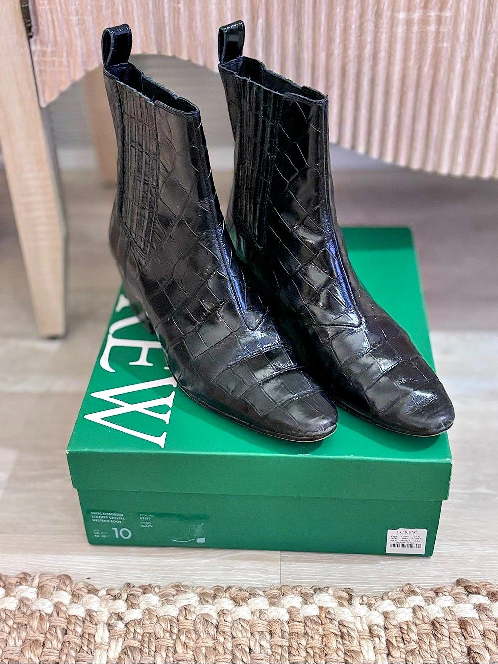 J Crew Crocodile-Embossed Ankle Boots Black US 10 Like New